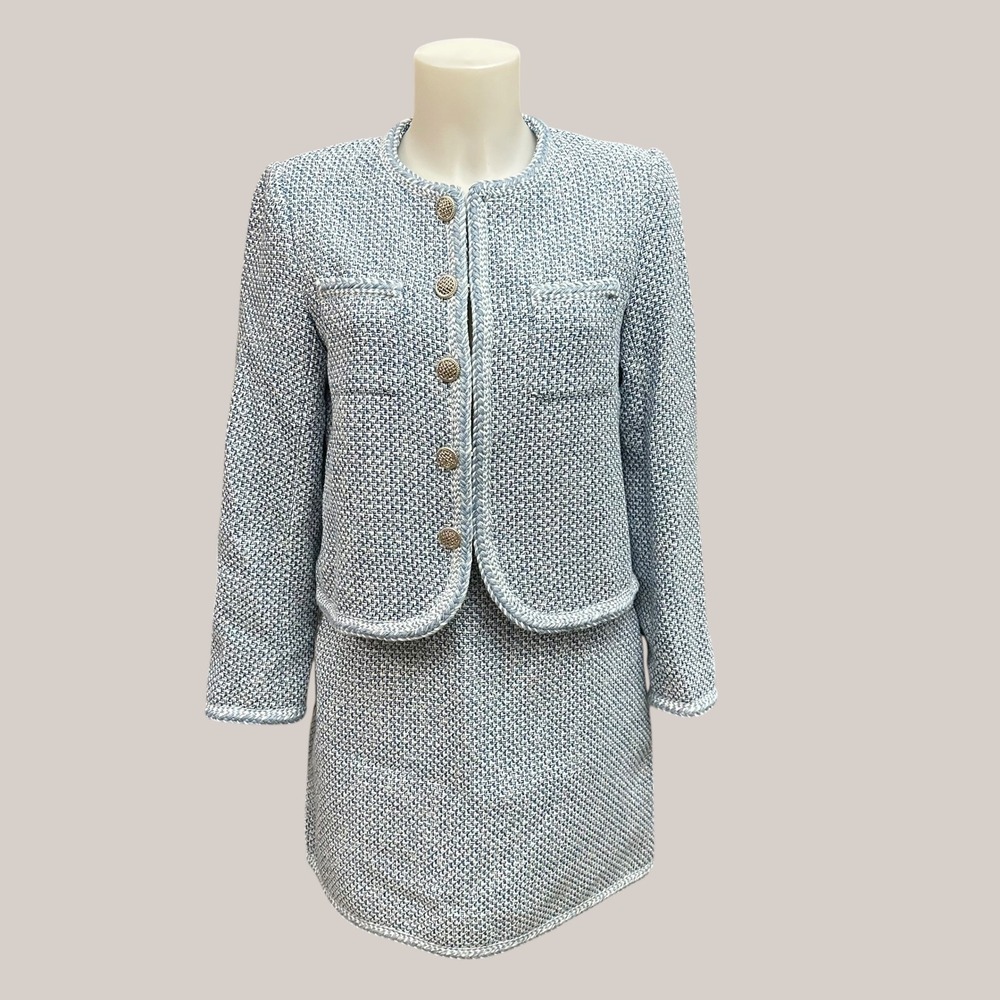 Goelia Light Blue Tweed Wool Blend Elegant Classy Skirt Suit Set Size US 4